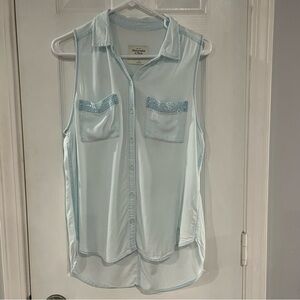 Abercrombie & Fitch Light-Blue Button Down Polo Tank-Top Sequins Size Medium